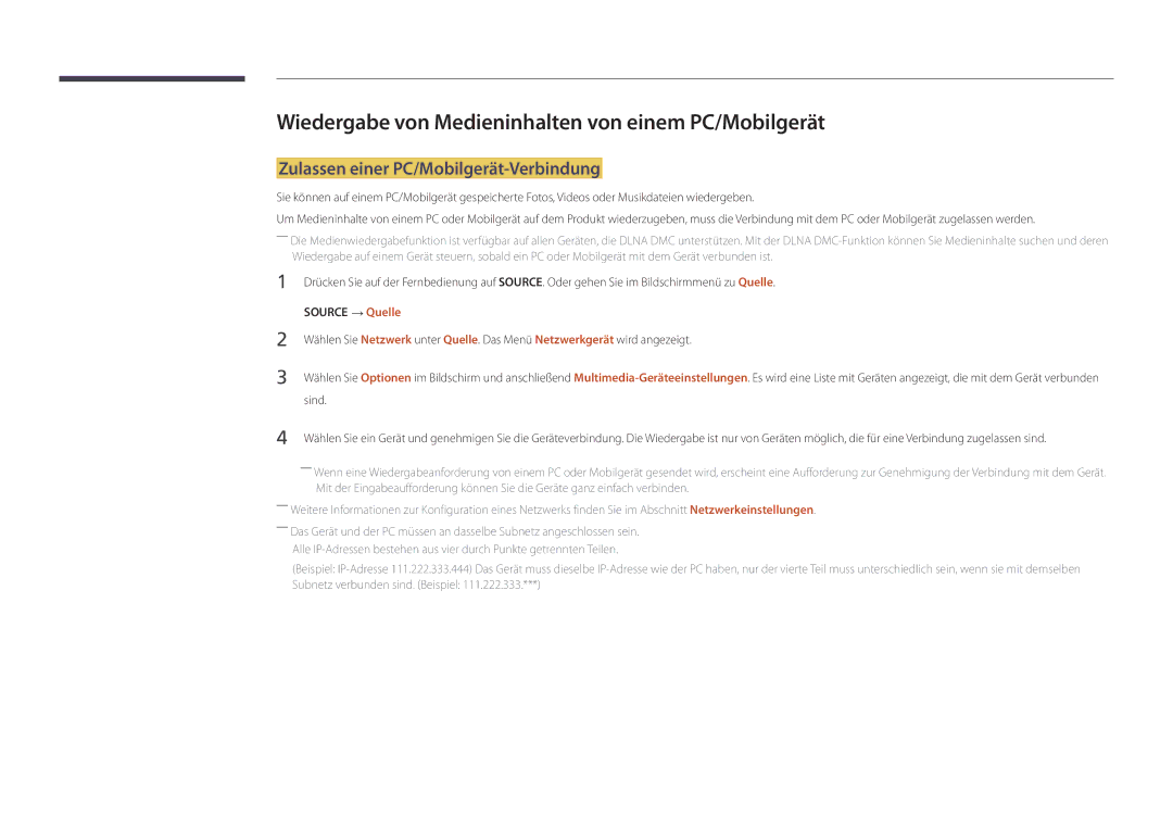 Samsung LH82DMDPLBC/EN Wiedergabe von Medieninhalten von einem PC/Mobilgerät, Zulassen einer PC/Mobilgerät-Verbindung 