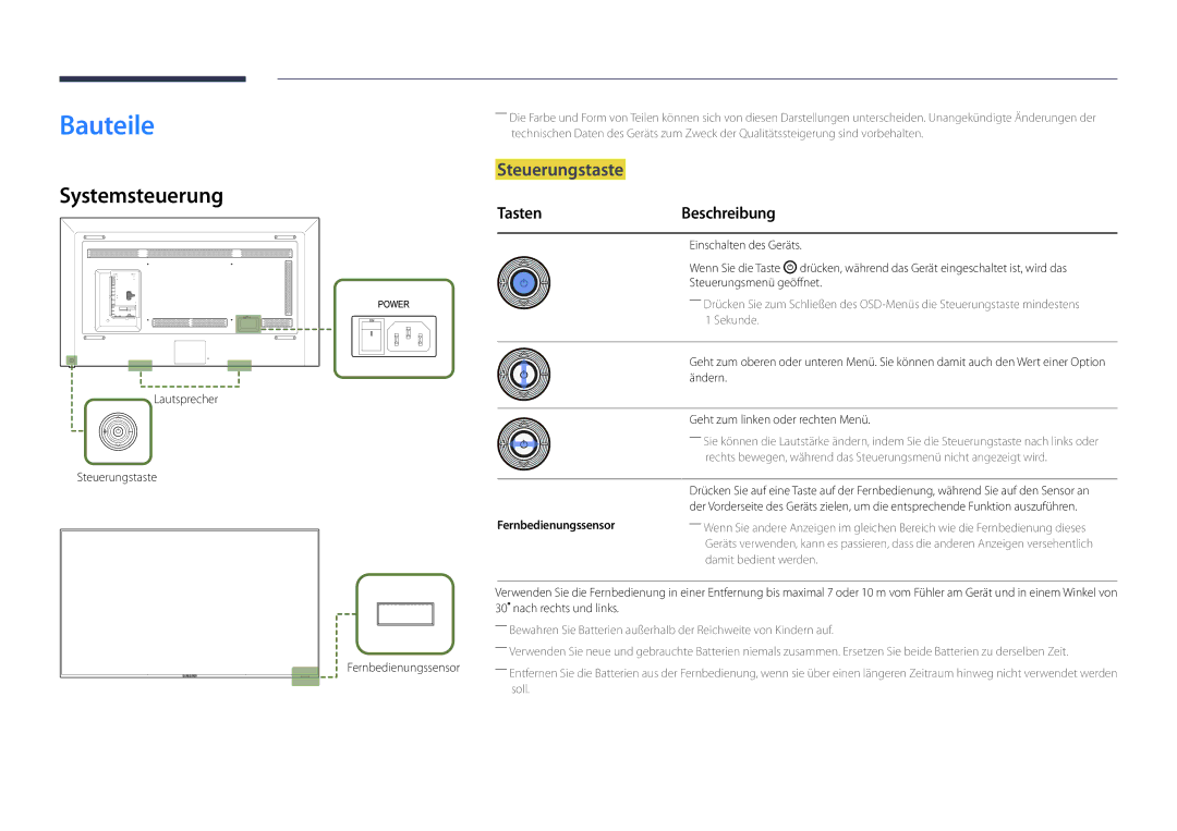 Samsung LH82DMDPLBC/EN manual Bauteile, Systemsteuerung, Steuerungstaste, Tasten Beschreibung, Fernbedienungssensor 