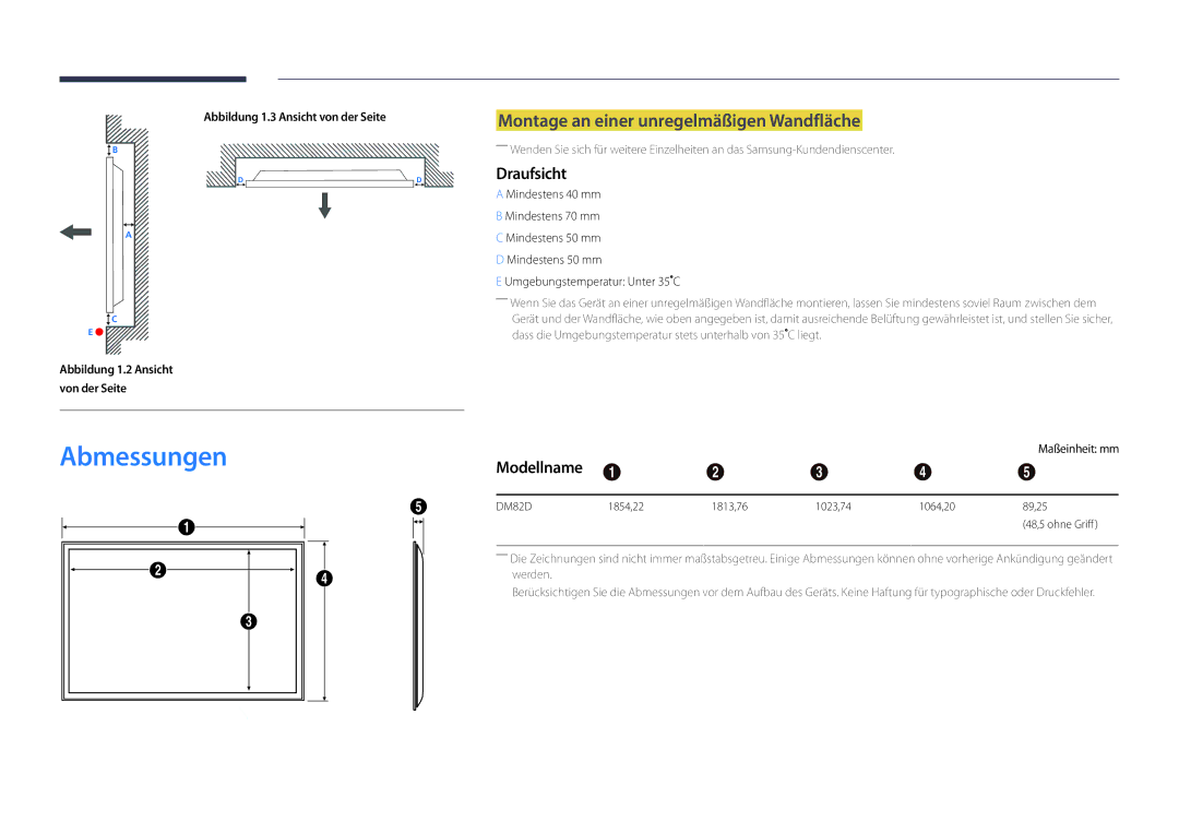 Samsung LH82DMDPLBC/EN manual Abmessungen, Montage an einer unregelmäßigen Wandfläche, Draufsicht, Modellname 