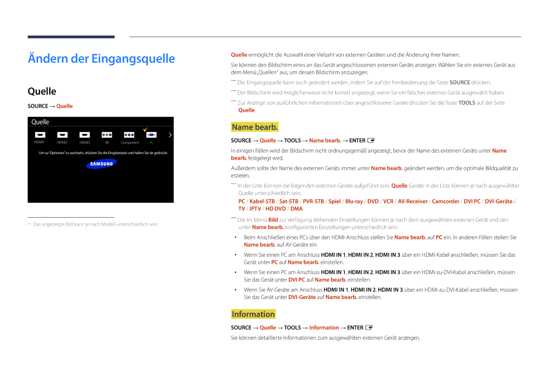 Samsung LH82DMDPLBC/EN manual Ändern der Eingangsquelle, Quelle, Name bearb, Information 