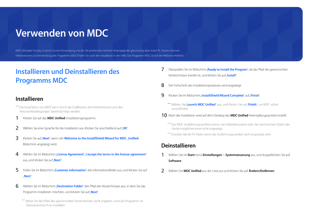 Samsung LH82DMDPLBC/EN manual Verwenden von MDC, Deinstallieren, Software 