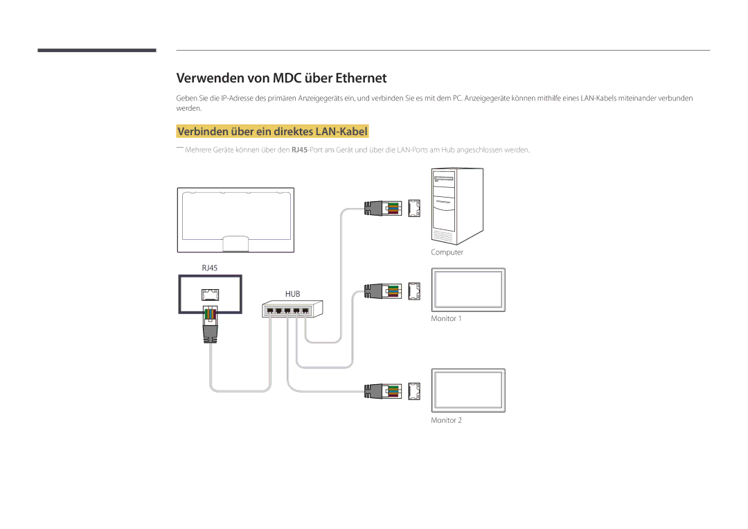 Samsung LH82DMDPLBC/EN manual Verwenden von MDC über Ethernet, Verbinden über ein direktes LAN-Kabel 