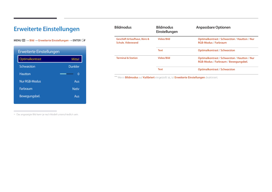 Samsung LH82DMDPLBC/EN manual Erweiterte Einstellungen, Bildmodus Anpassbare Optionen Einstellungen 