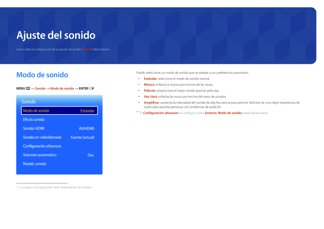 Samsung LH82DMDPLBC/EN manual Ajuste del sonido, Modo de sonido, Efecto sonido Sonido Hdmi, Sonido en videollamada 