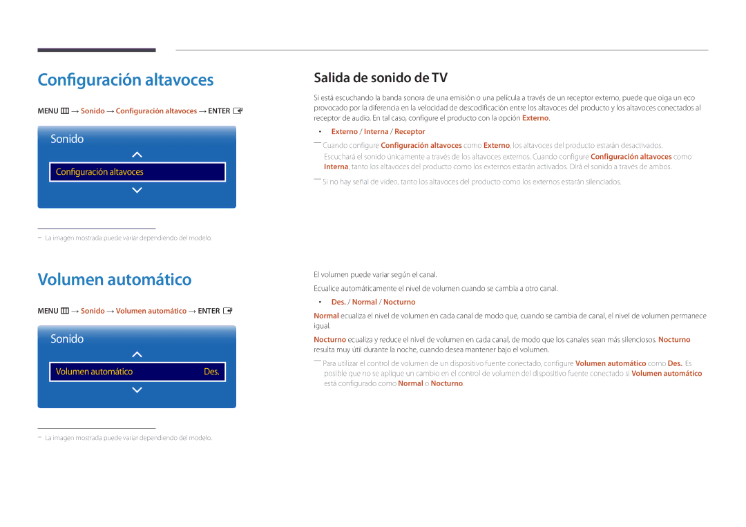 Samsung LH82DMDPLBC/EN manual Configuración altavoces, Volumen automático, Salida de sonido de TV 