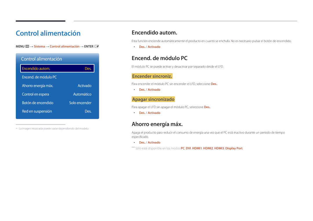 Samsung LH82DMDPLBC/EN manual Control alimentación, Encendido autom, Encend. de módulo PC, Ahorro energía máx 