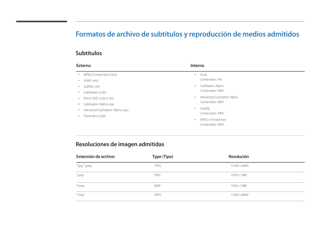 Samsung LH82DMDPLBC/EN Subtítulos, Resoluciones de imagen admitidas, Externo, Extensión de archivo Type Tipo Resolución 