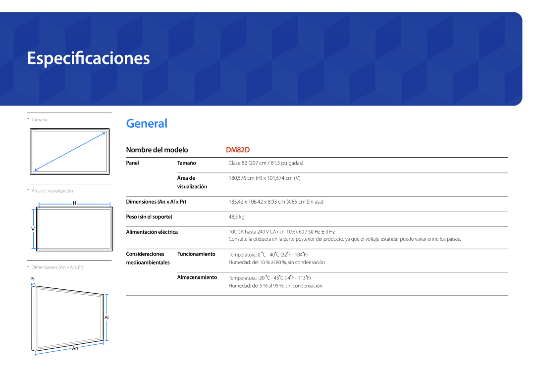 Samsung LH82DMDPLBC/EN manual Especificaciones 