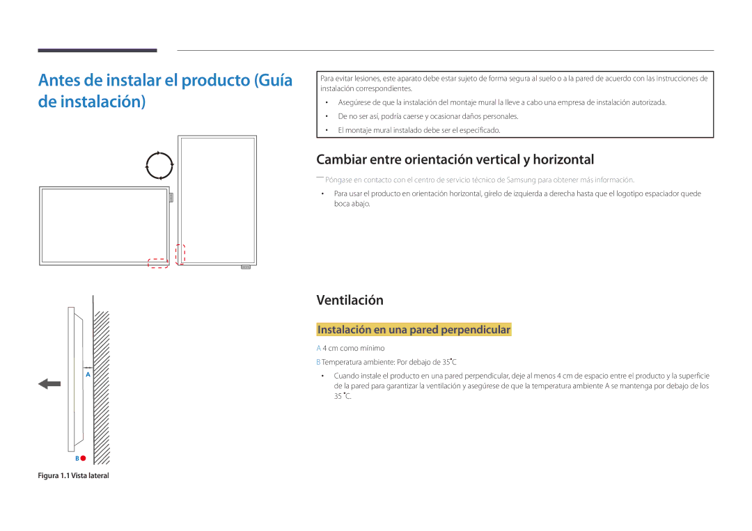 Samsung LH82DMDPLBC/EN Antes de instalar el producto Guía de instalación, Cambiar entre orientación vertical y horizontal 