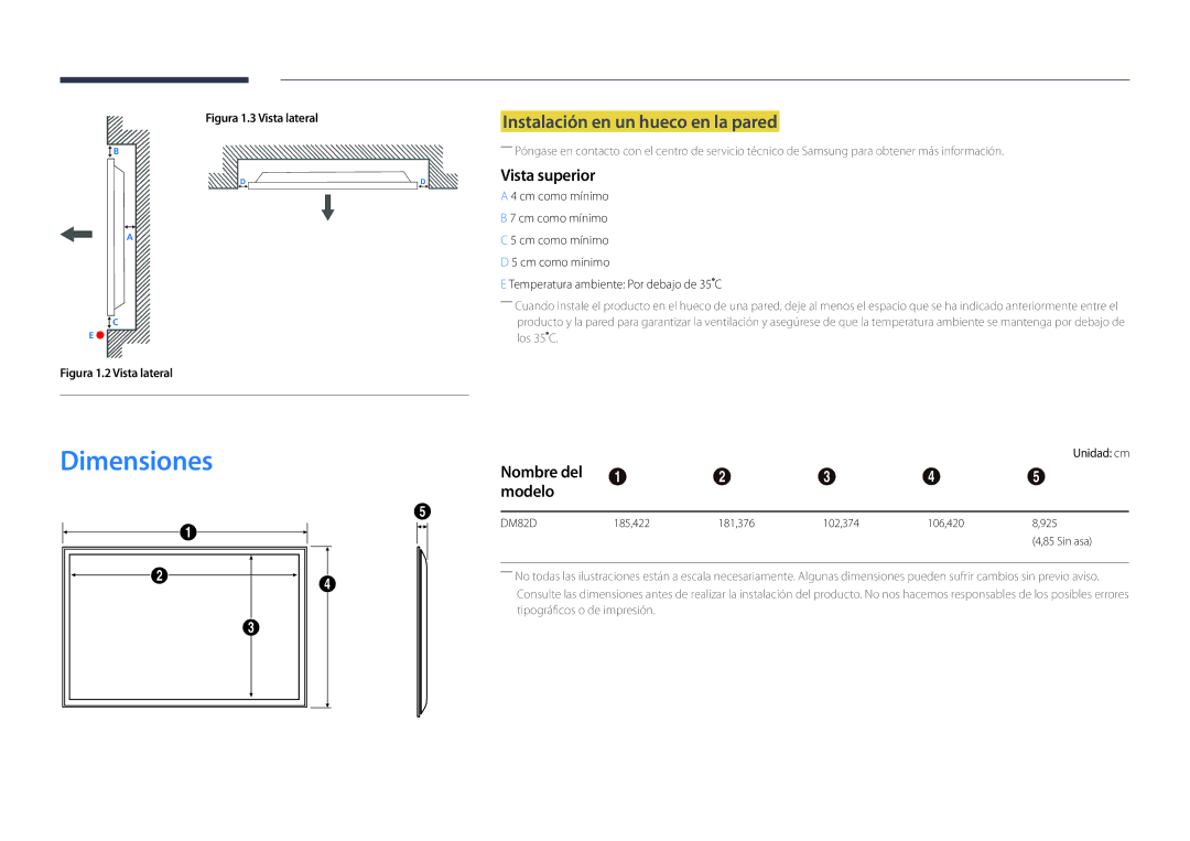 Samsung LH82DMDPLBC/EN manual Dimensiones, Instalación en un hueco en la pared, Vista superior, Nombre del Modelo 