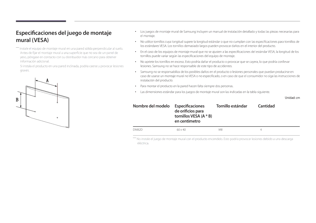 Samsung LH82DMDPLBC/EN manual Especificaciones del juego de montaje mural Vesa, En centimetro 