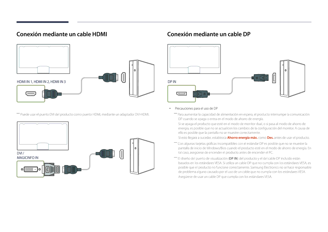 Samsung LH82DMDPLBC/EN manual Conexión mediante un cable Hdmi, Precauciones para el uso de DP 