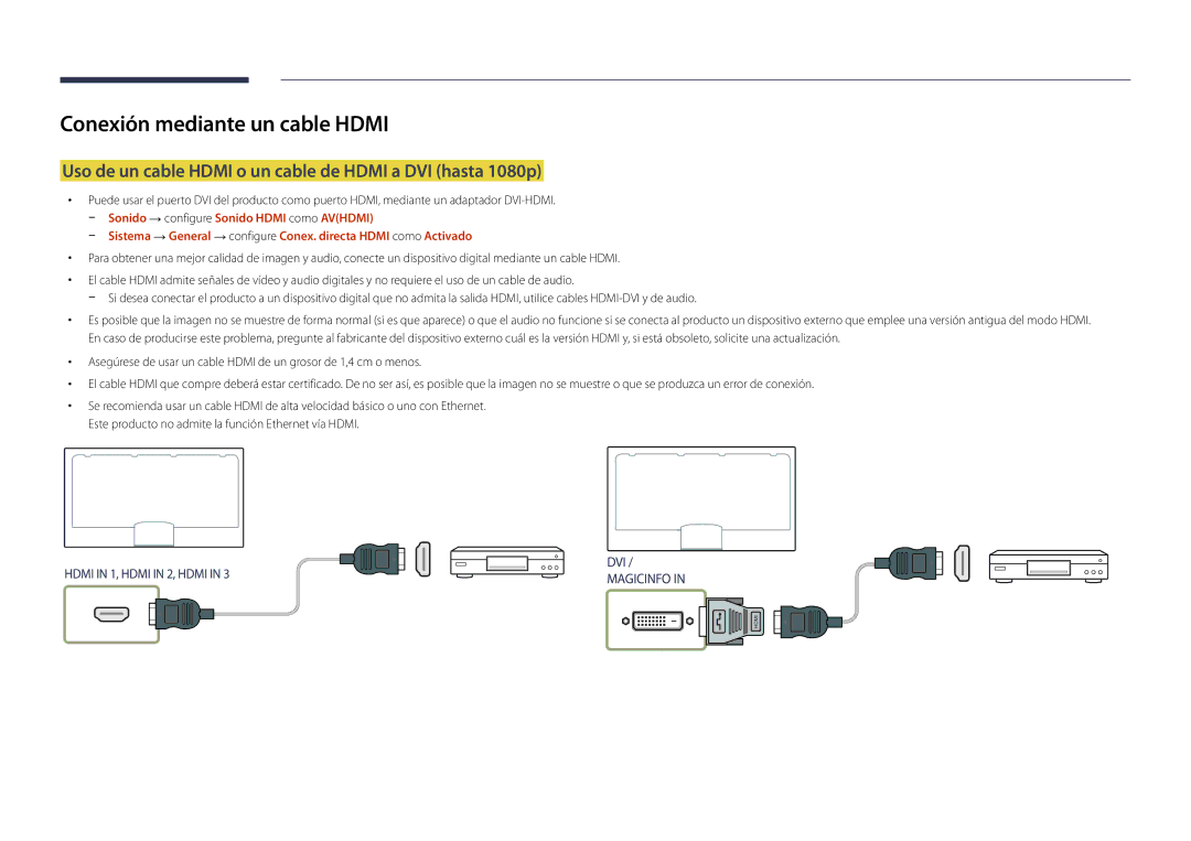 Samsung LH82DMDPLBC/EN manual Conexión mediante un cable Hdmi, Uso de un cable Hdmi o un cable de Hdmi a DVI hasta 1080p 