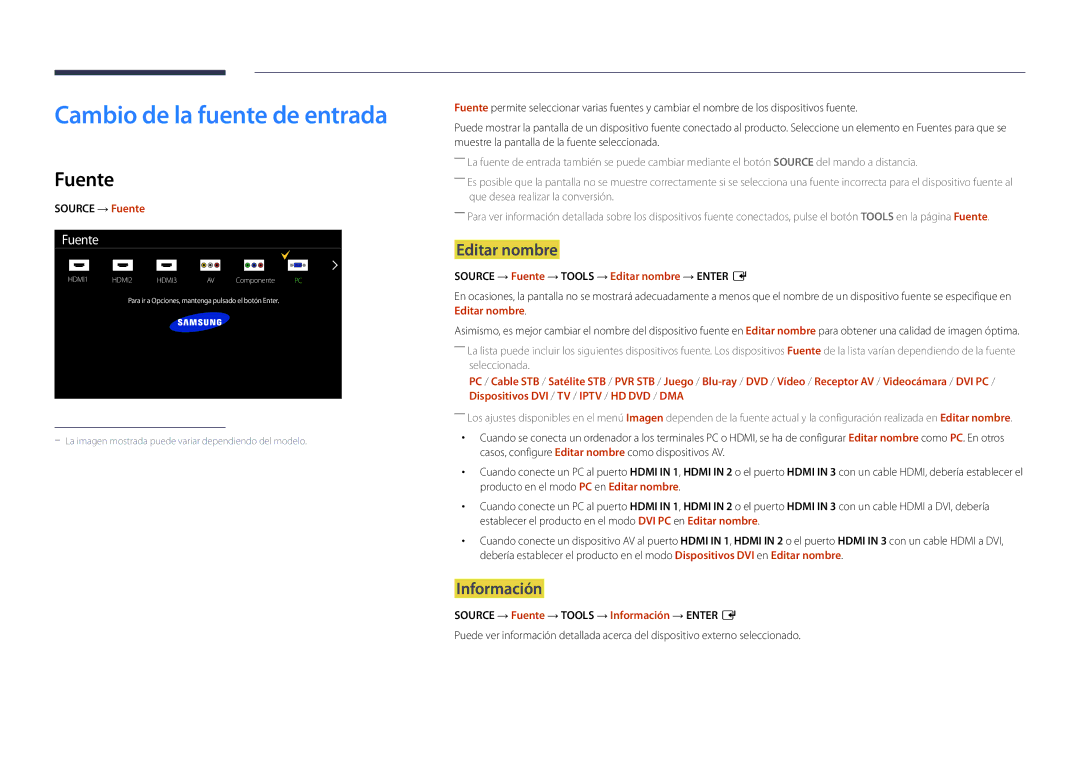 Samsung LH82DMDPLBC/EN manual Cambio de la fuente de entrada, Fuente, Editar nombre, Información 