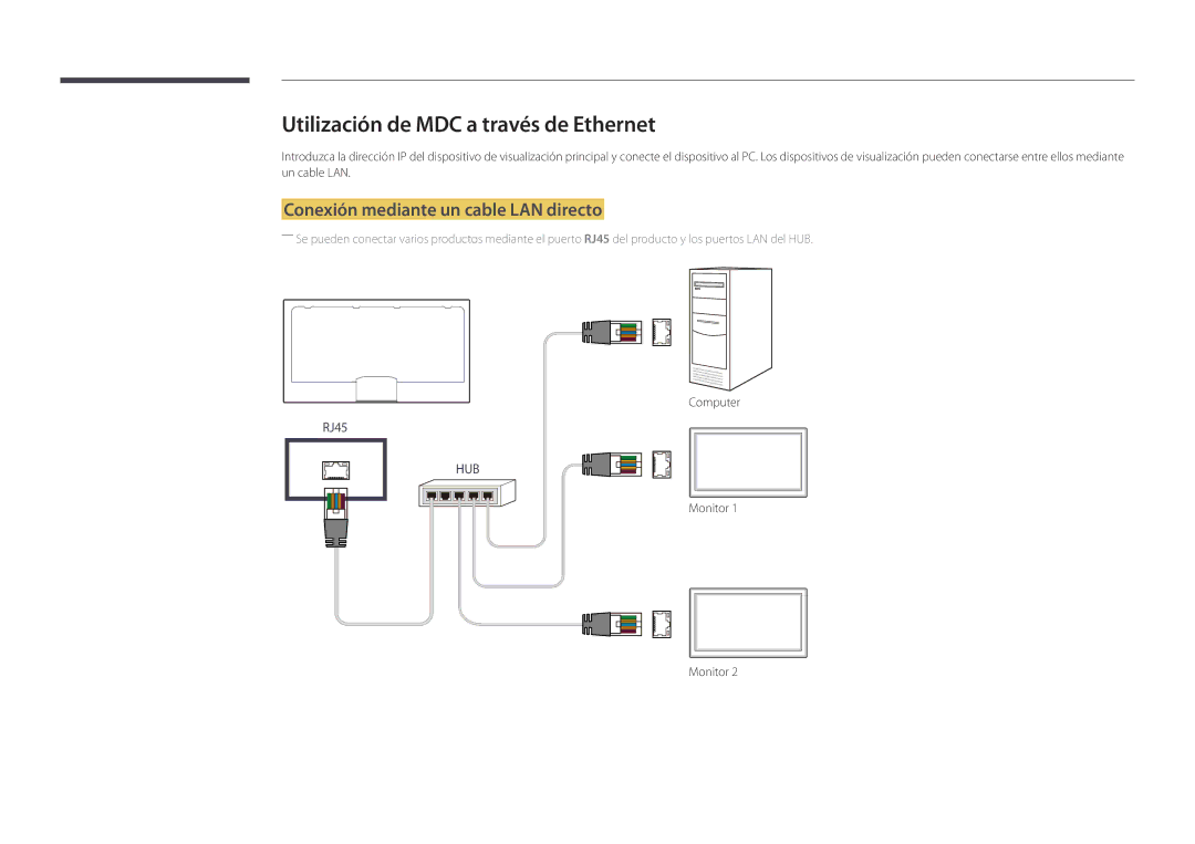 Samsung LH82DMDPLBC/EN manual Utilización de MDC a través de Ethernet, Conexión mediante un cable LAN directo 