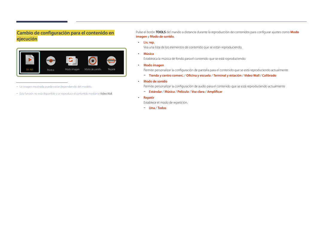 Samsung LH82DMDPLBC/EN manual Cambio de configuración para el contenido en ejecución, Lis. rep, Música, Modo imagen 