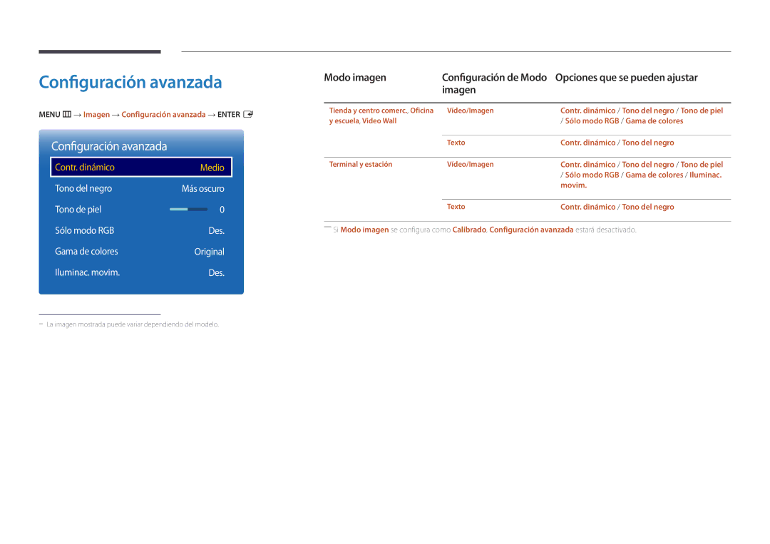 Samsung LH82DMDPLBC/EN manual Configuración avanzada, Modo imagen, Opciones que se pueden ajustar 