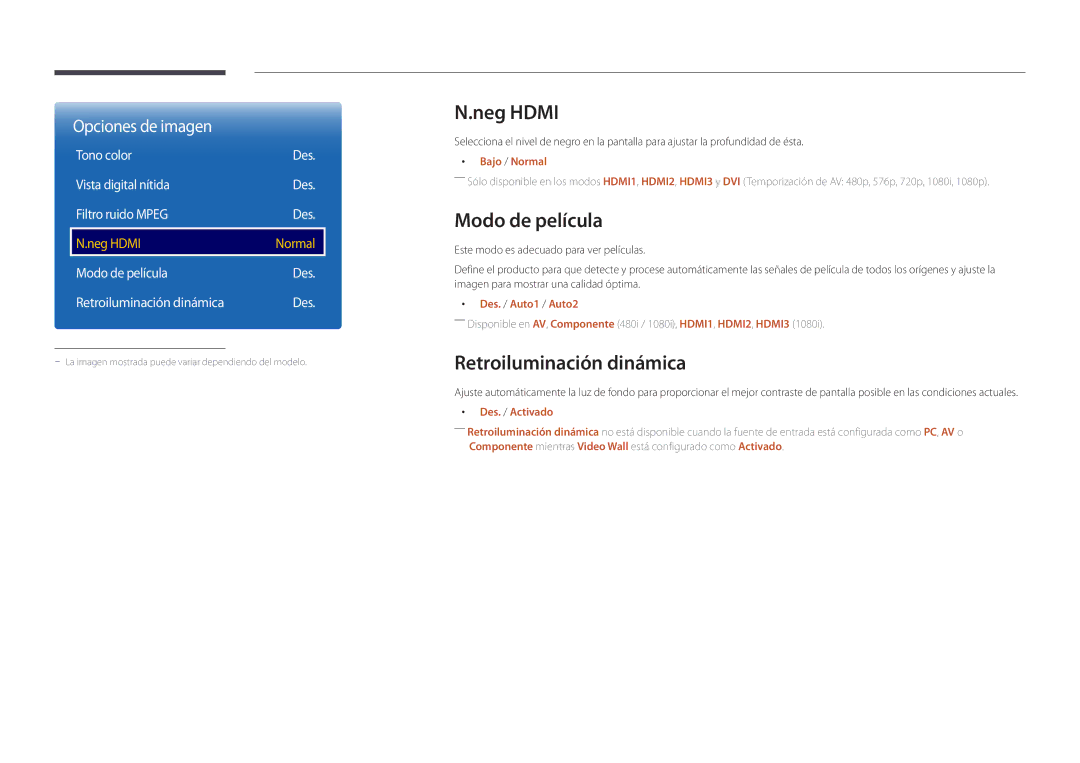 Samsung LH82DMDPLBC/EN manual Neg Hdmi, Modo de película, Retroiluminación dinámica 