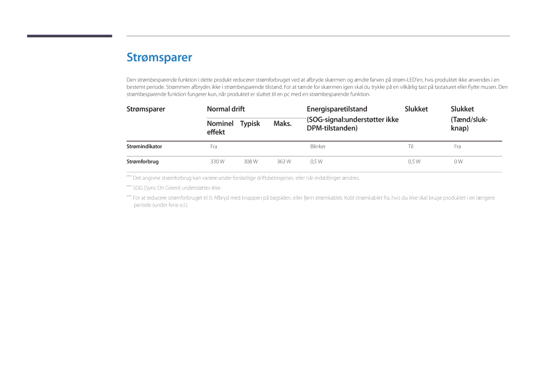 Samsung LH82DMDPLBC/EN manual Strømsparer Normal drift Energisparetilstand Slukket, Tænd/sluk, Nominel 