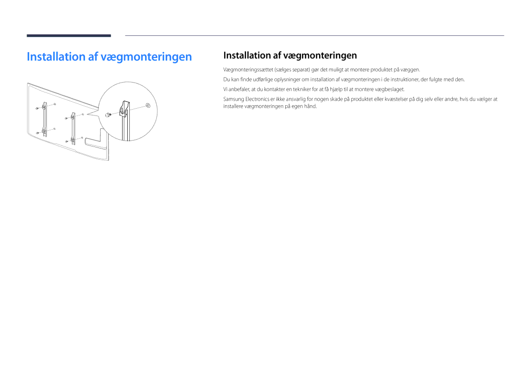 Samsung LH82DMDPLBC/EN manual Installation af vægmonteringen 