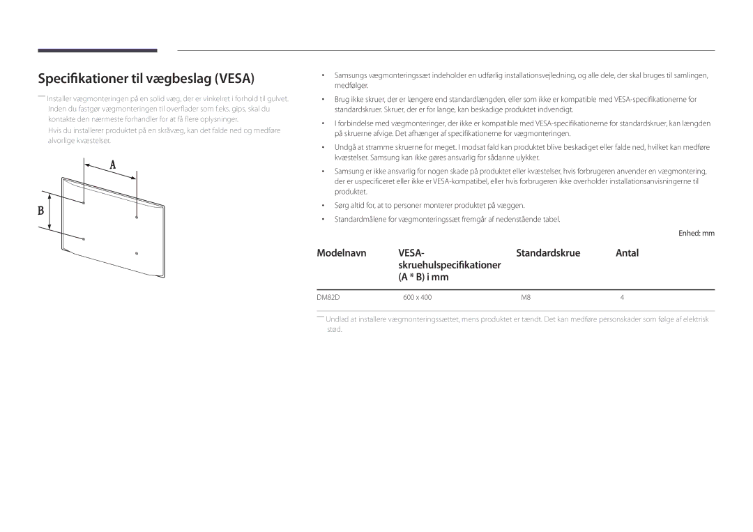 Samsung LH82DMDPLBC/EN manual Specifikationer til vægbeslag Vesa, Standardskrue Antal, I mm 