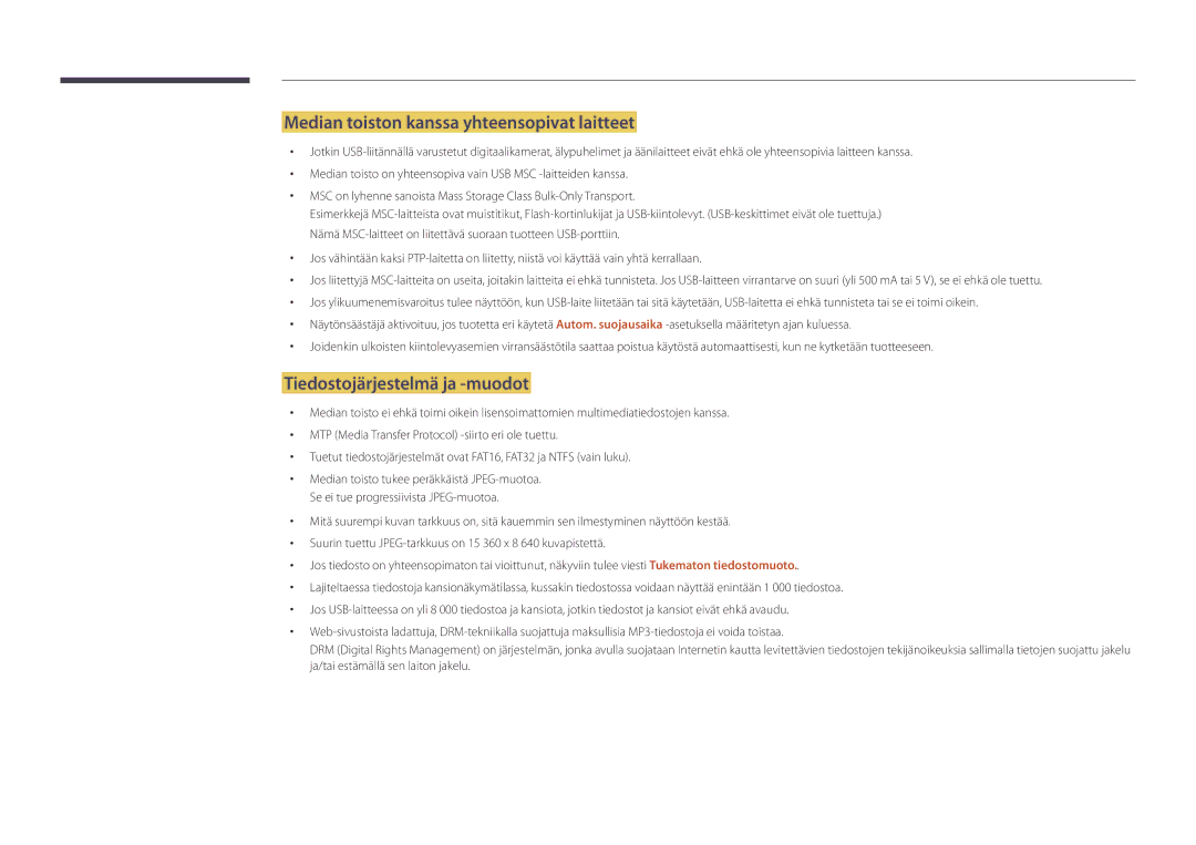 Samsung LH82DMDPLBC/EN manual Median toiston kanssa yhteensopivat laitteet, Tiedostojärjestelmä ja -muodot 