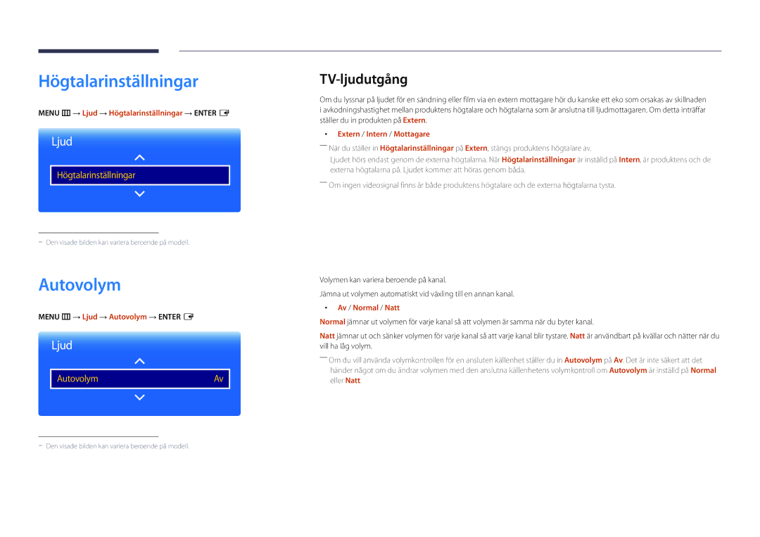 Samsung LH82DMDPLBC/EN manual Högtalarinställningar, Autovolym, TV-ljudutgång 