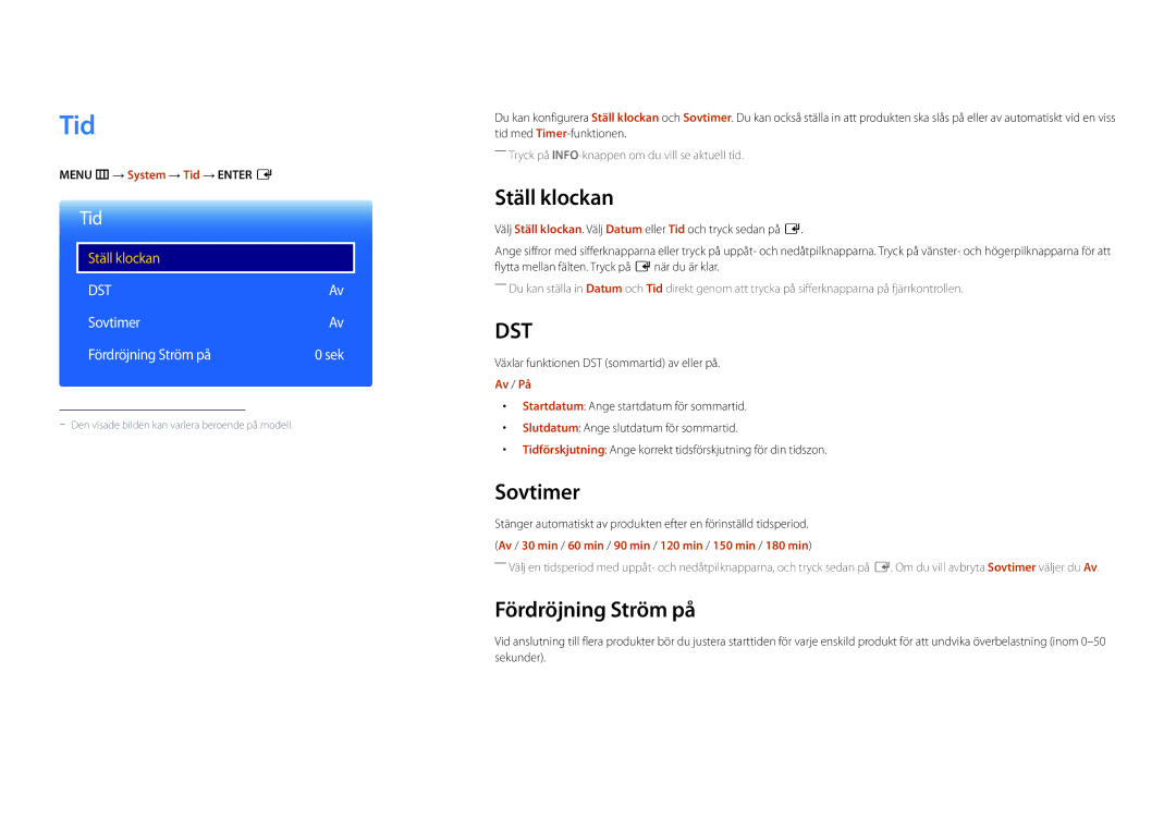 Samsung LH82DMDPLBC/EN manual Tid, Ställ klockan, Sovtimer, Fördröjning Ström på 