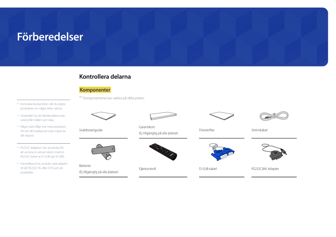 Samsung LH82DMDPLBC/EN manual Förberedelser, Kontrollera delarna, Komponenter, Fjärrkontroll 