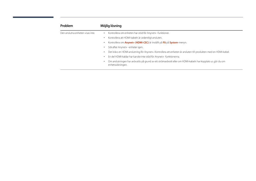 Samsung LH82DMDPLBC/EN manual Problem, Möjlig lösning 