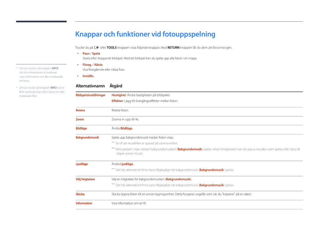 Samsung LH82DMDPLBC/EN manual Knappar och funktioner vid fotouppspelning 