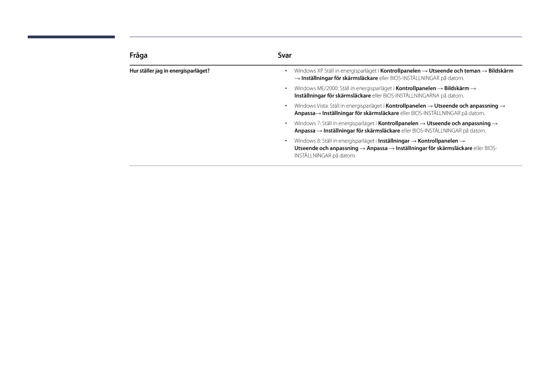 Samsung LH82DMDPLBC/EN manual Fråga, Svar, Hur ställer jag in energisparläget? 