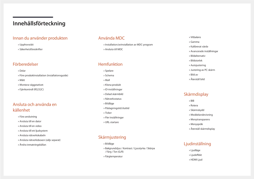 Samsung LH82DMDPLBC/EN manual Innehållsförteckning 