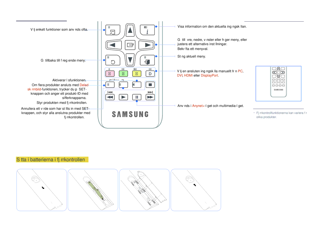 Samsung LH82DMDPLBC/EN manual Sätta i batterierna i fjärrkontrollen, Välj enkelt funktioner som används ofta 