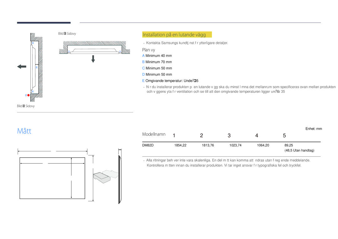 Samsung LH82DMDPLBC/EN manual Mått, Installation på en lutande vägg, Plan vy, Modellnamn, Bild 1.2 Sidovy Bild 1.3 Sidovy 