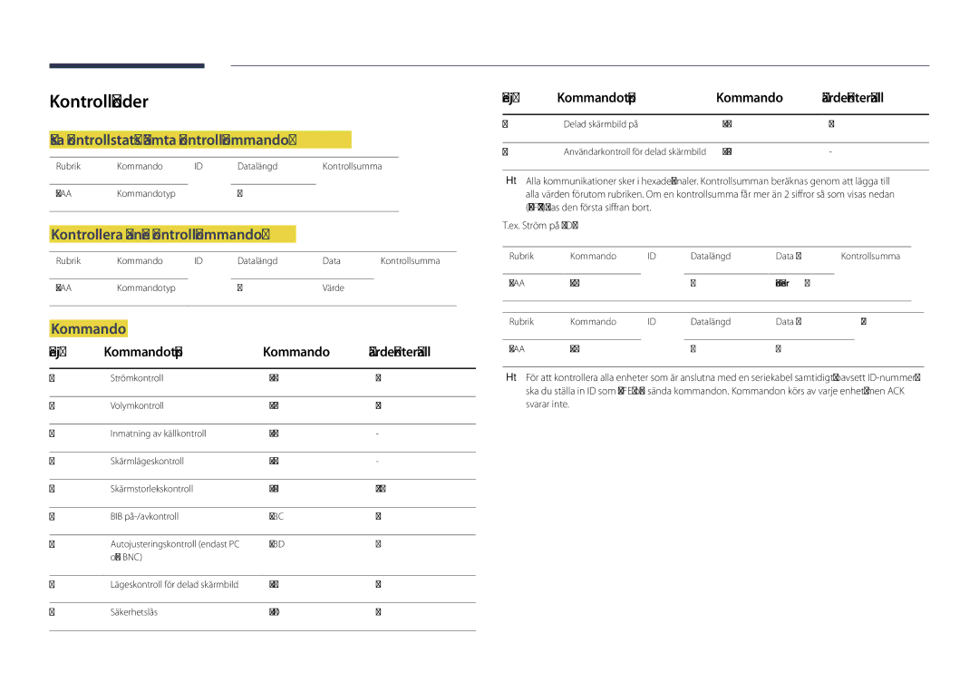 Samsung LH82DMDPLBC/EN manual Kontrollkoder, Visa kontrollstatus hämta kontrollkommando, Kontrollera ange kontrollkommando 