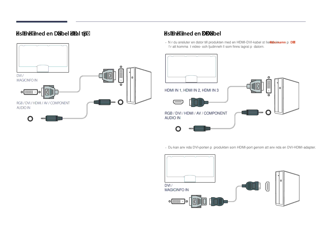 Samsung LH82DMDPLBC/EN manual Anslutning med en DVI-kabel digital typ, Anslutning med en HDMI-DVI-kabel 