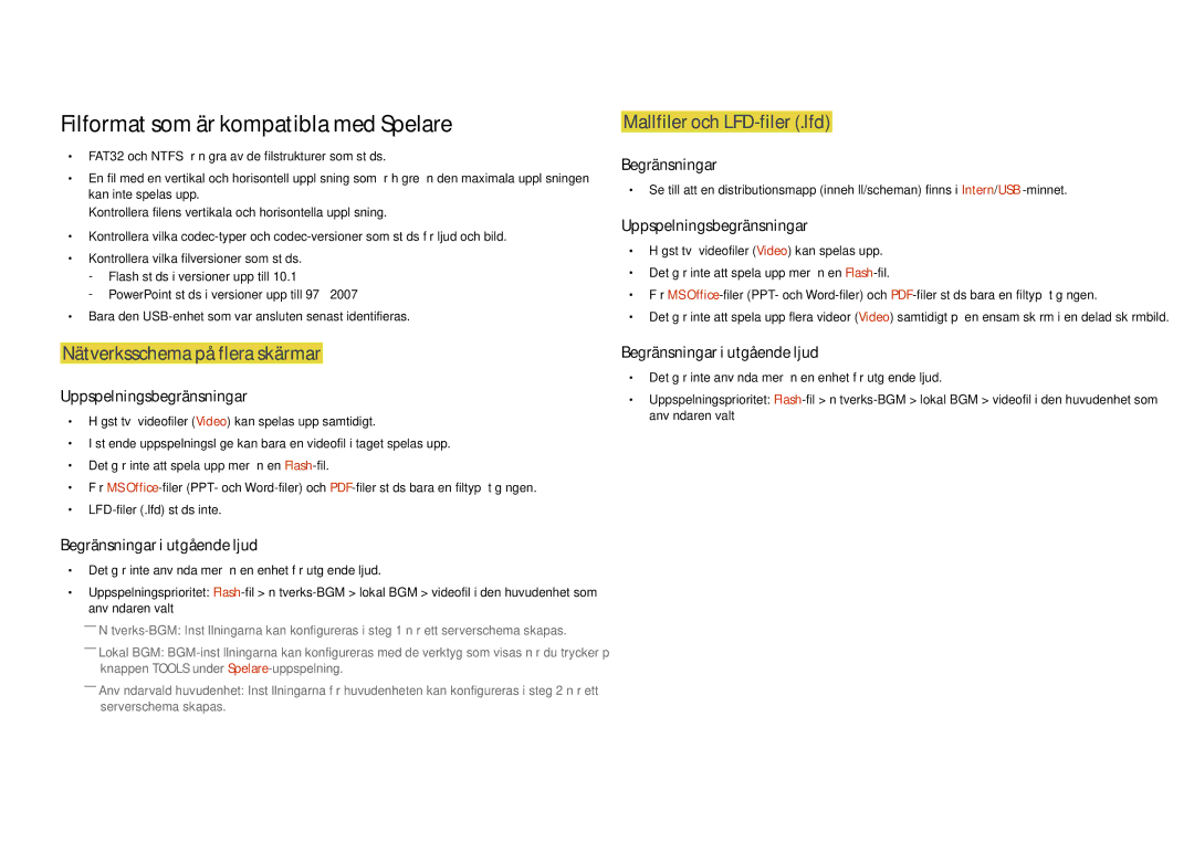 Samsung LH82DMDPLBC/EN manual Filformat som är kompatibla med Spelare, Nätverksschema på flera skärmar 