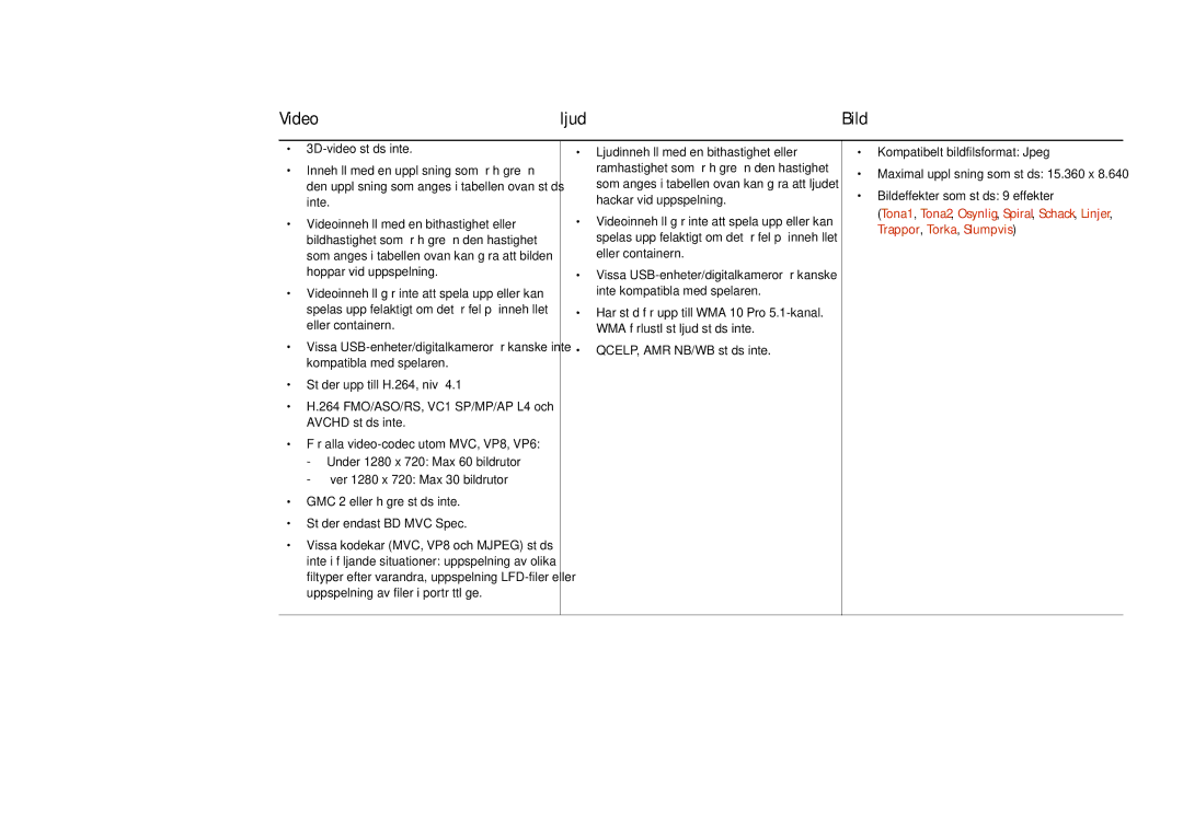 Samsung LH82DMDPLBC/EN manual Video Ljud, GMC 2 eller högre stöds inte Stöder endast BD MVC Spec 