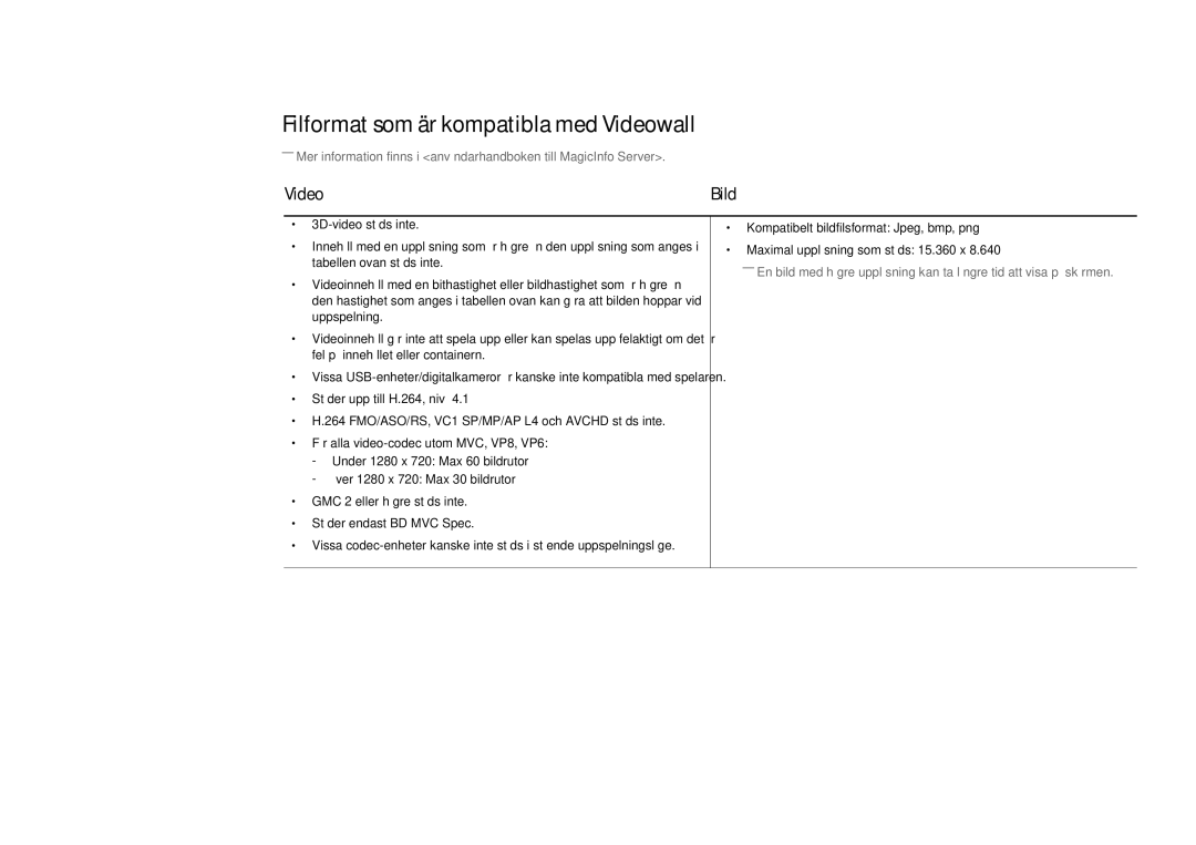 Samsung LH82DMDPLBC/EN manual Filformat som är kompatibla med Videowall 