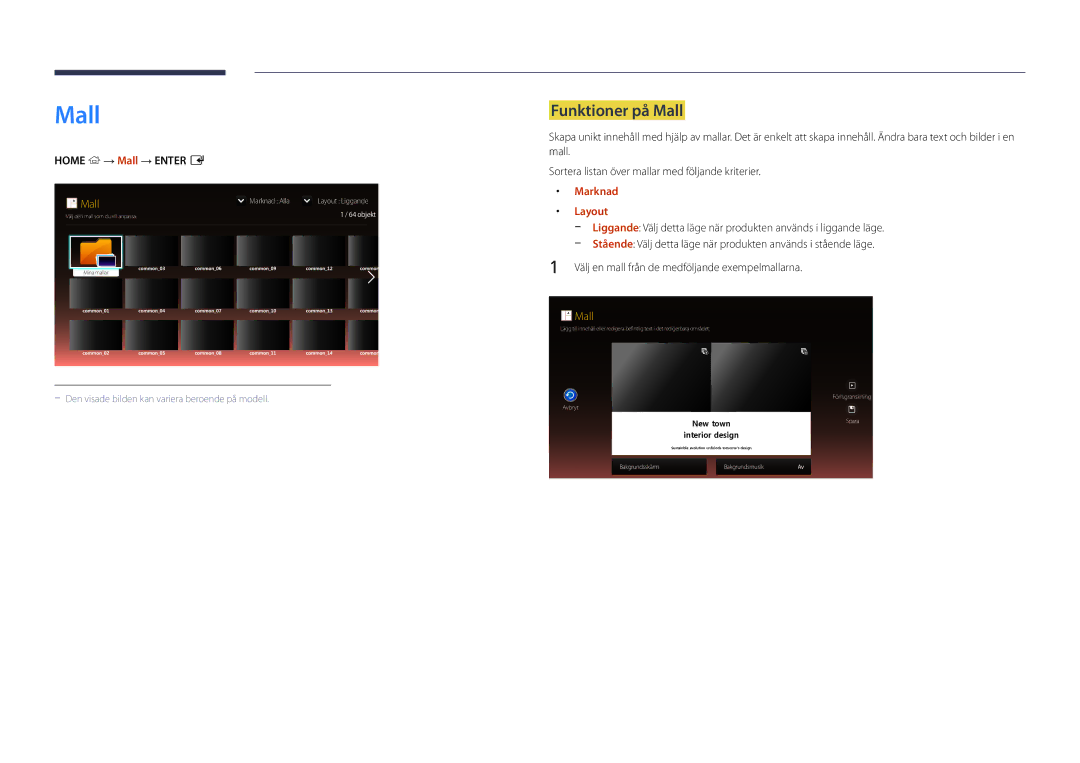 Samsung LH82DMDPLBC/EN manual Funktioner på Mall, Home → Mall → Enter E, Marknad, Layout 