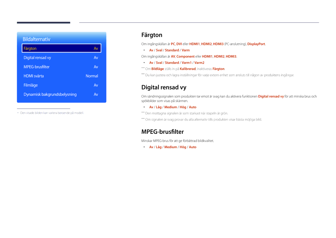 Samsung LH82DMDPLBC/EN manual Färgton, Digital rensad vy, MPEG-brusfilter 