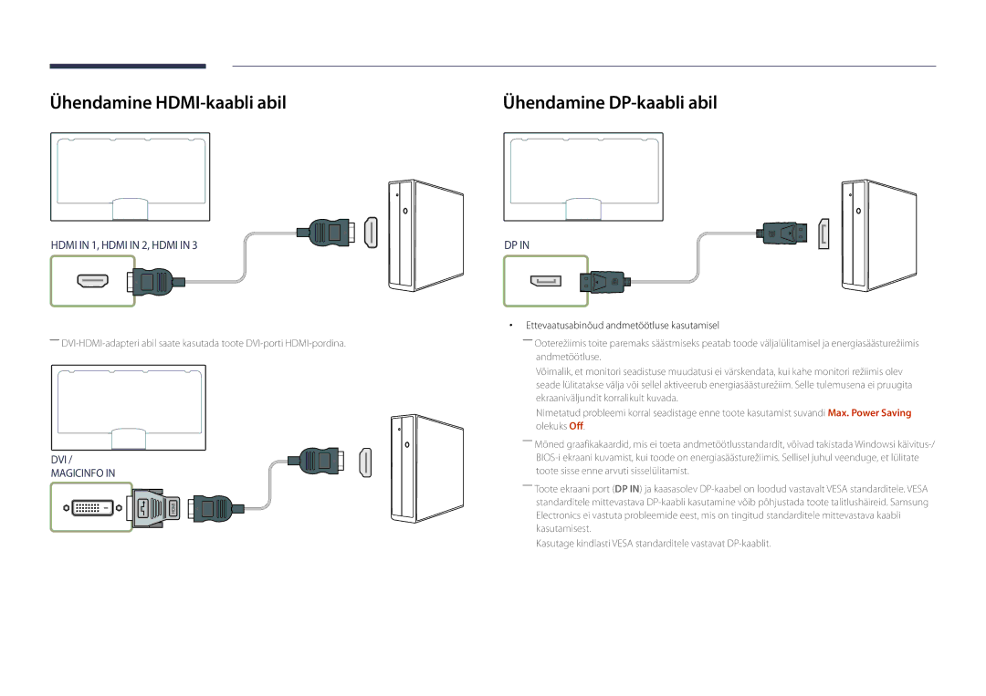 Samsung LH82DMDPLBC/EN Ühendamine HDMI-kaabli abil, Ühendamine DP-kaabli abil, Ettevaatusabinõud andmetöötluse kasutamisel 