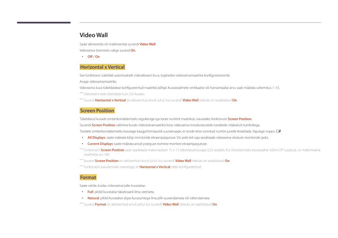Samsung LH82DMDPLBC/EN manual Video Wall, Horizontal x Vertical, Screen Position, Format, Off / On 