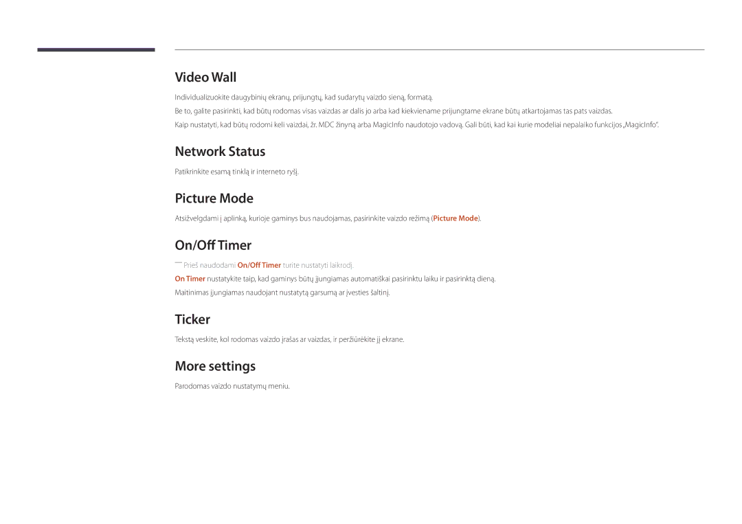 Samsung LH82DMDPLBC/EN manual Network Status, Picture Mode, On/Off Timer, Ticker, More settings 