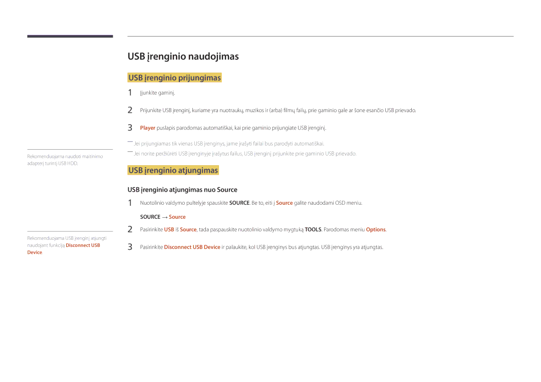 Samsung LH82DMDPLBC/EN manual USB įrenginio naudojimas, USB įrenginio prijungimas, USB įrenginio atjungimas 