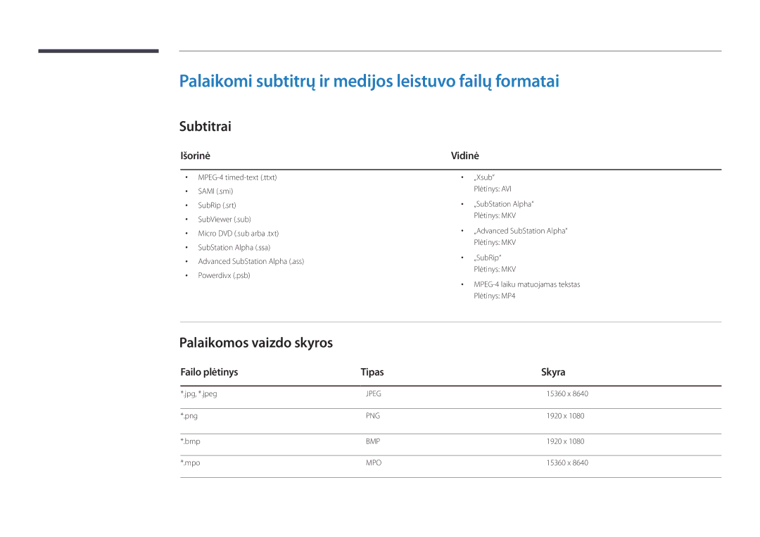 Samsung LH82DMDPLBC/EN Palaikomi subtitrų ir medijos leistuvo failų formatai, Subtitrai, Palaikomos vaizdo skyros, Išorinė 