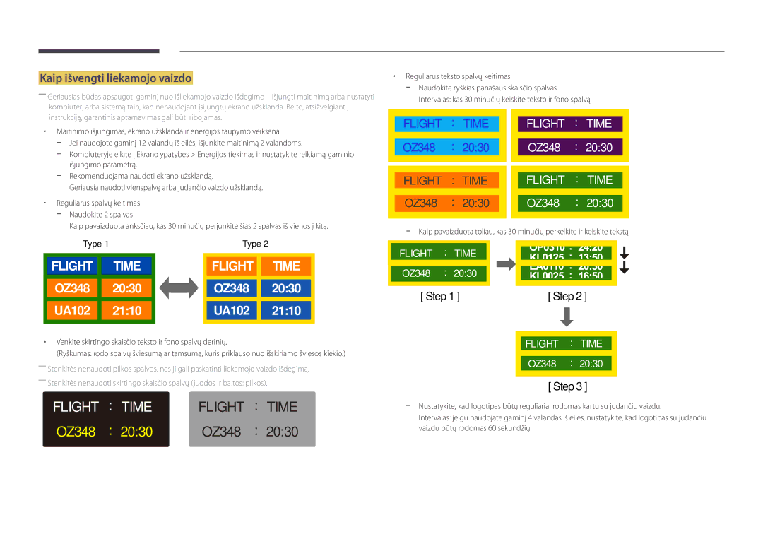 Samsung LH82DMDPLBC/EN manual Kaip išvengti liekamojo vaizdo, Reguliarus teksto spalvų keitimas 