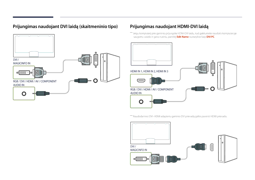 Samsung LH82DMDPLBC/EN manual Prijungimas naudojant DVI laidą skaitmeninio tipo, Prijungimas naudojant HDMI-DVI laidą 