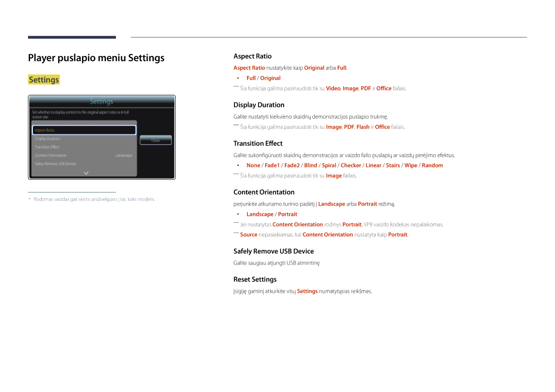 Samsung LH82DMDPLBC/EN manual Player puslapio meniu Settings, Landscape / Portrait, Galite saugiau atjungti USB atmintinę 